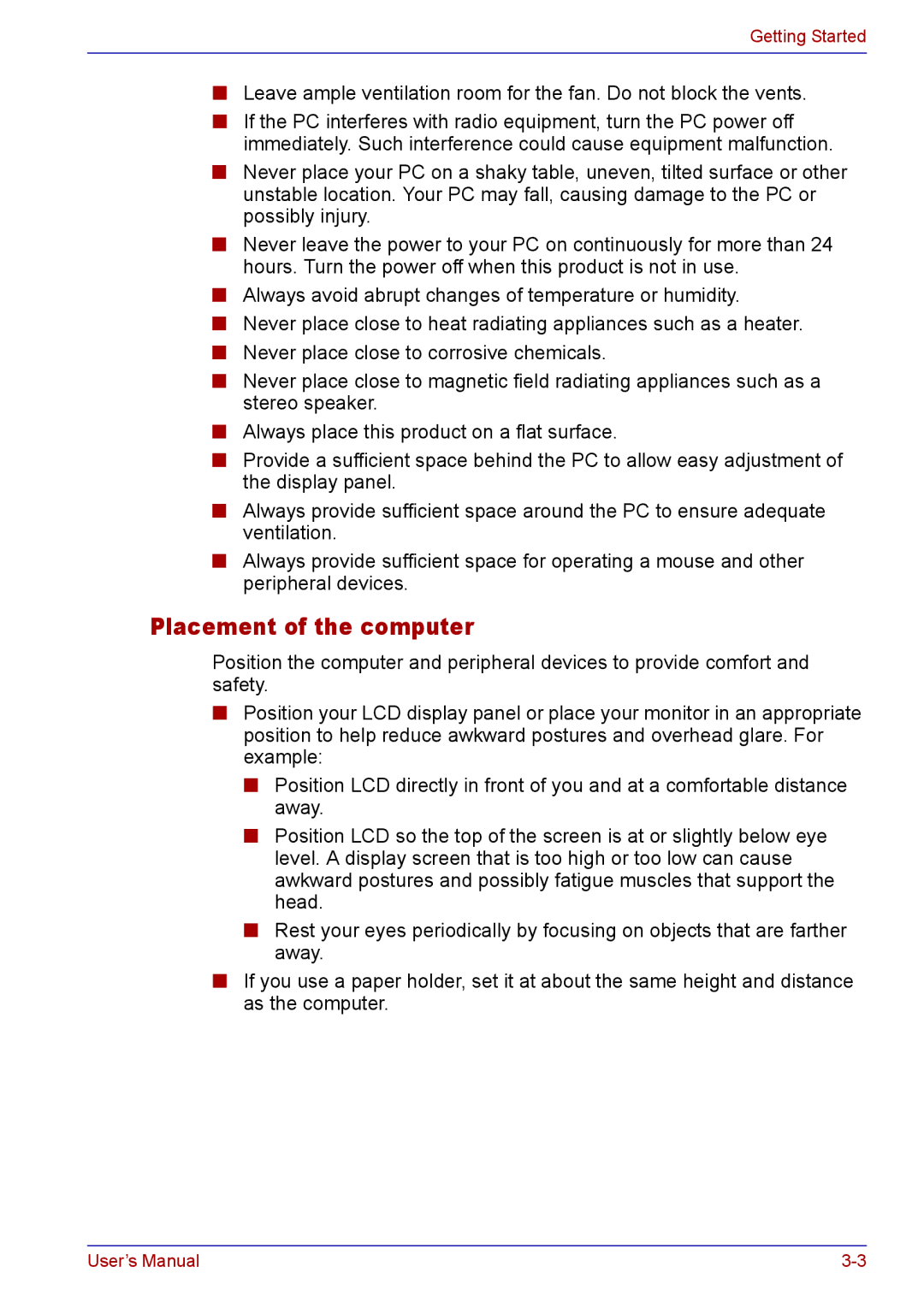 Toshiba TECRA M5 user manual Placement of the computer 