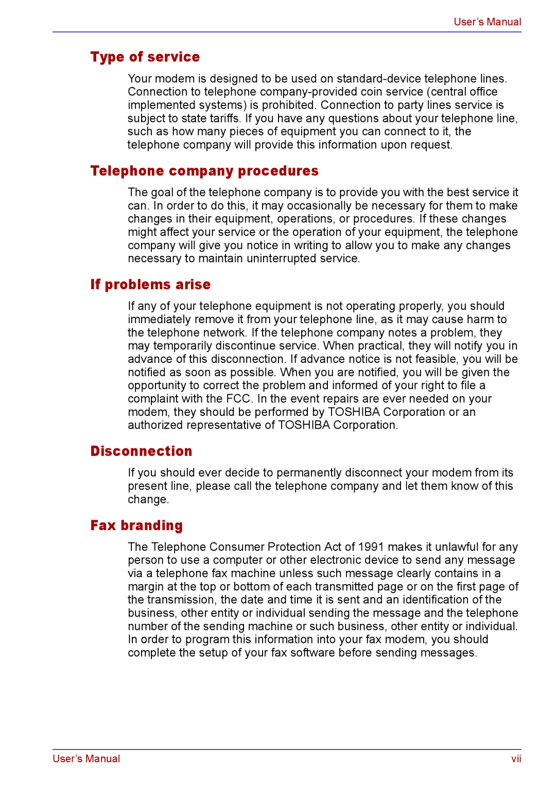 Toshiba TECRA M5 user manual Type of service, Telephone company procedures, If problems arise, Disconnection, Fax branding 