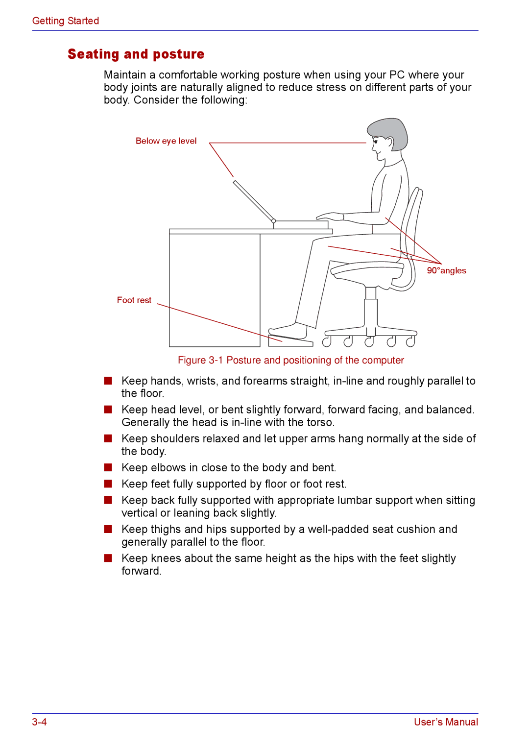 Toshiba TECRA M5 user manual Seating and posture, Posture and positioning of the computer 