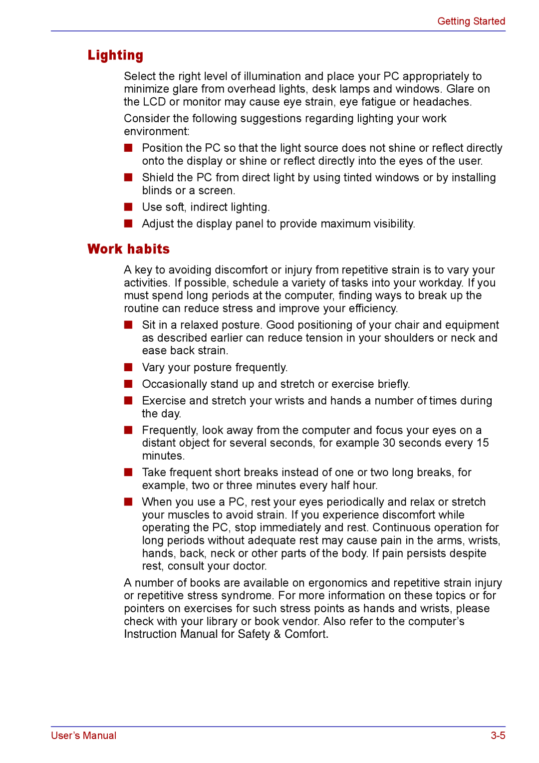 Toshiba TECRA M5 user manual Lighting, Work habits 