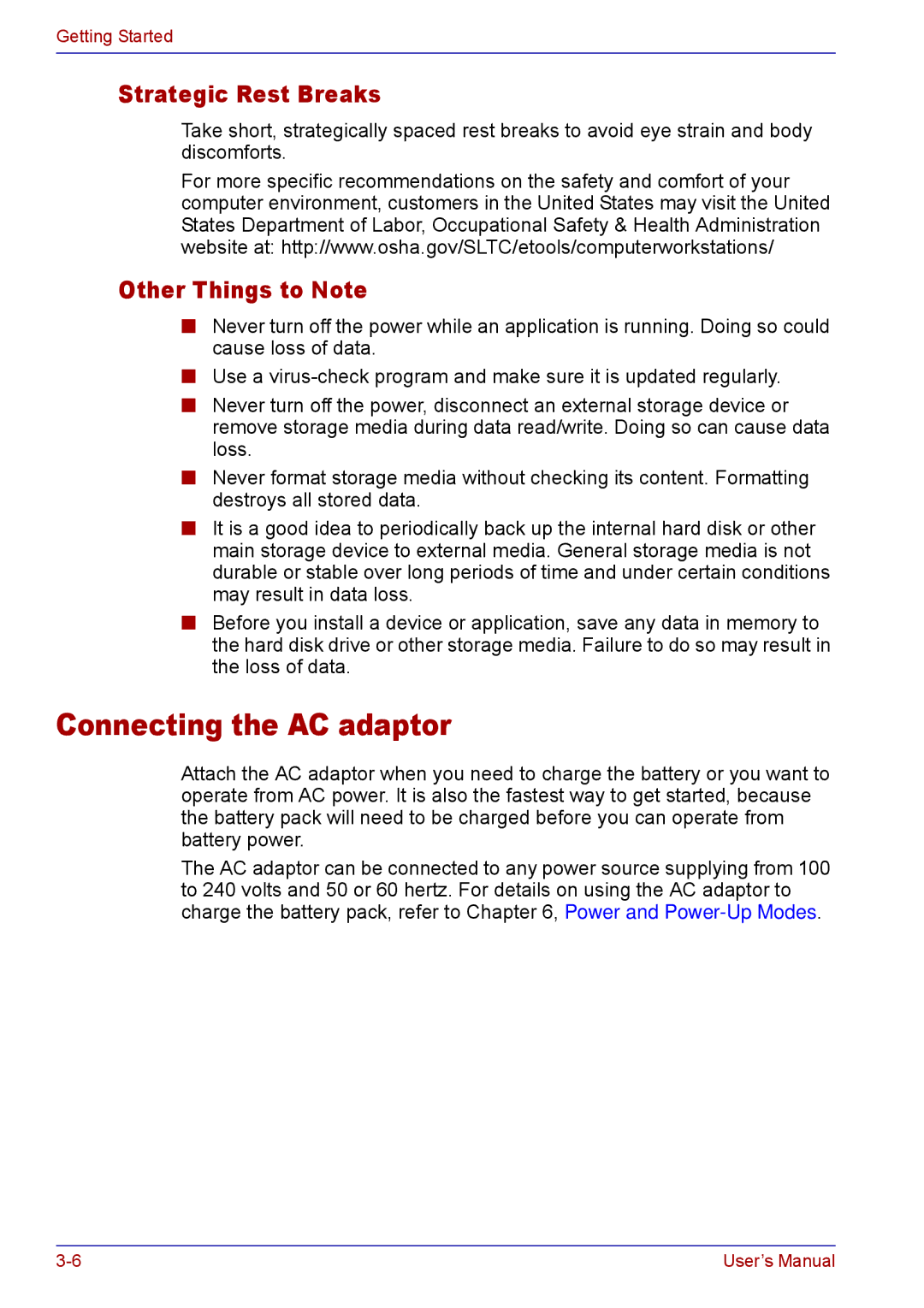 Toshiba TECRA M5 user manual Connecting the AC adaptor, Strategic Rest Breaks, Other Things to Note 