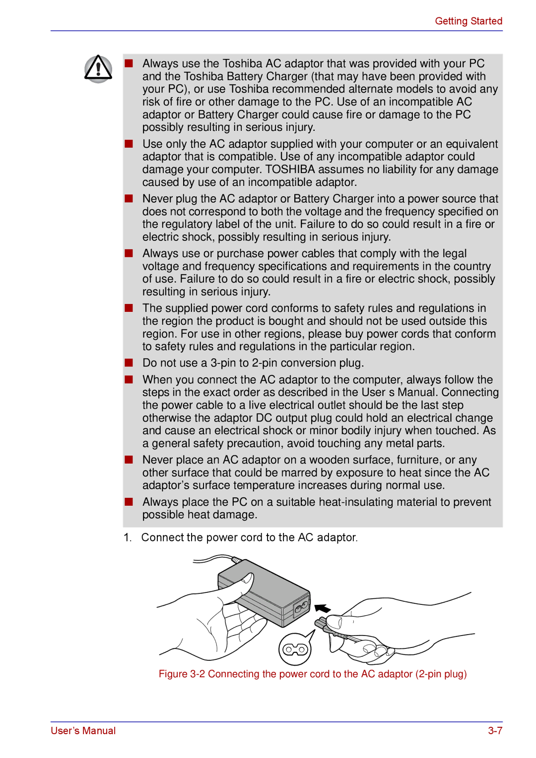 Toshiba TECRA M5 user manual Connect the power cord to the AC adaptor 