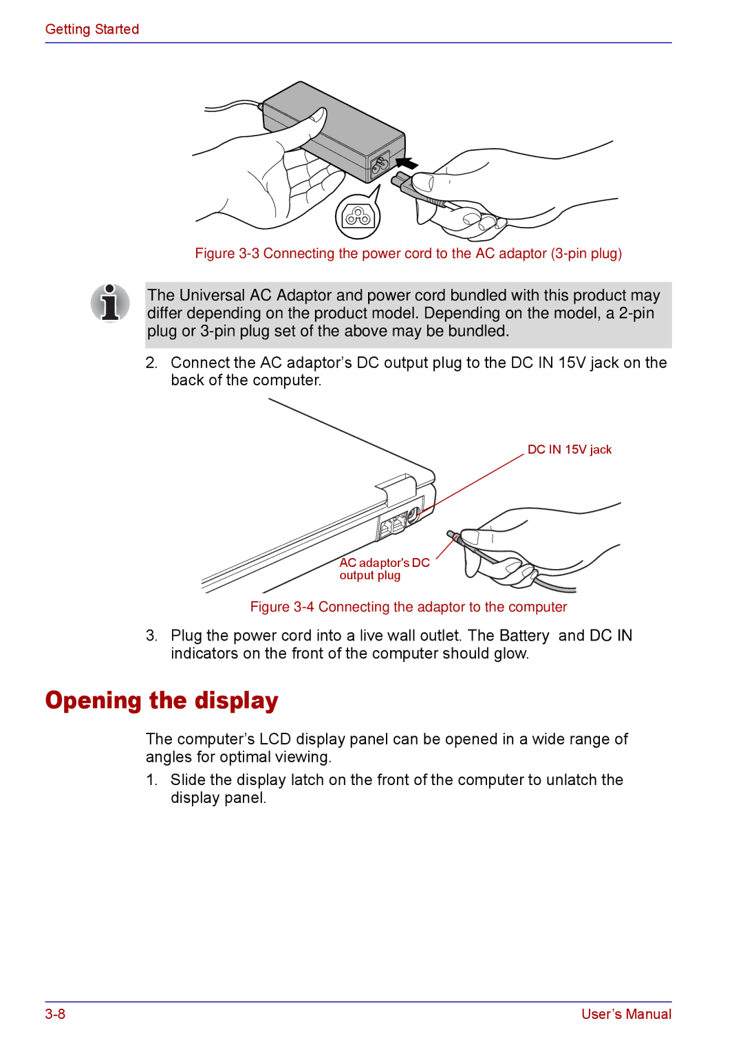 Toshiba TECRA M5 user manual Opening the display, Connecting the power cord to the AC adaptor 3-pin plug 