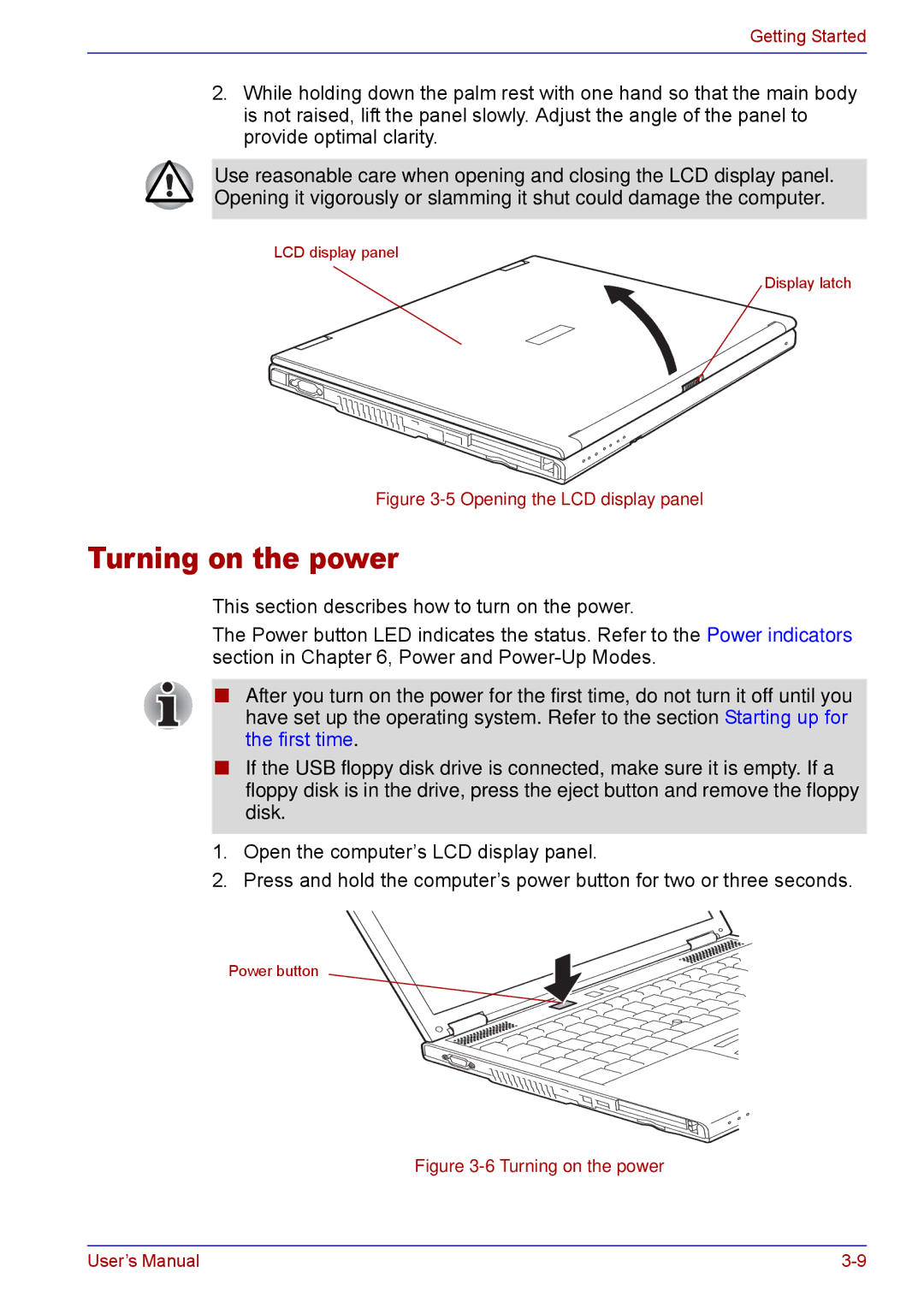 Toshiba TECRA M5 user manual Turning on the power, Opening the LCD display panel 