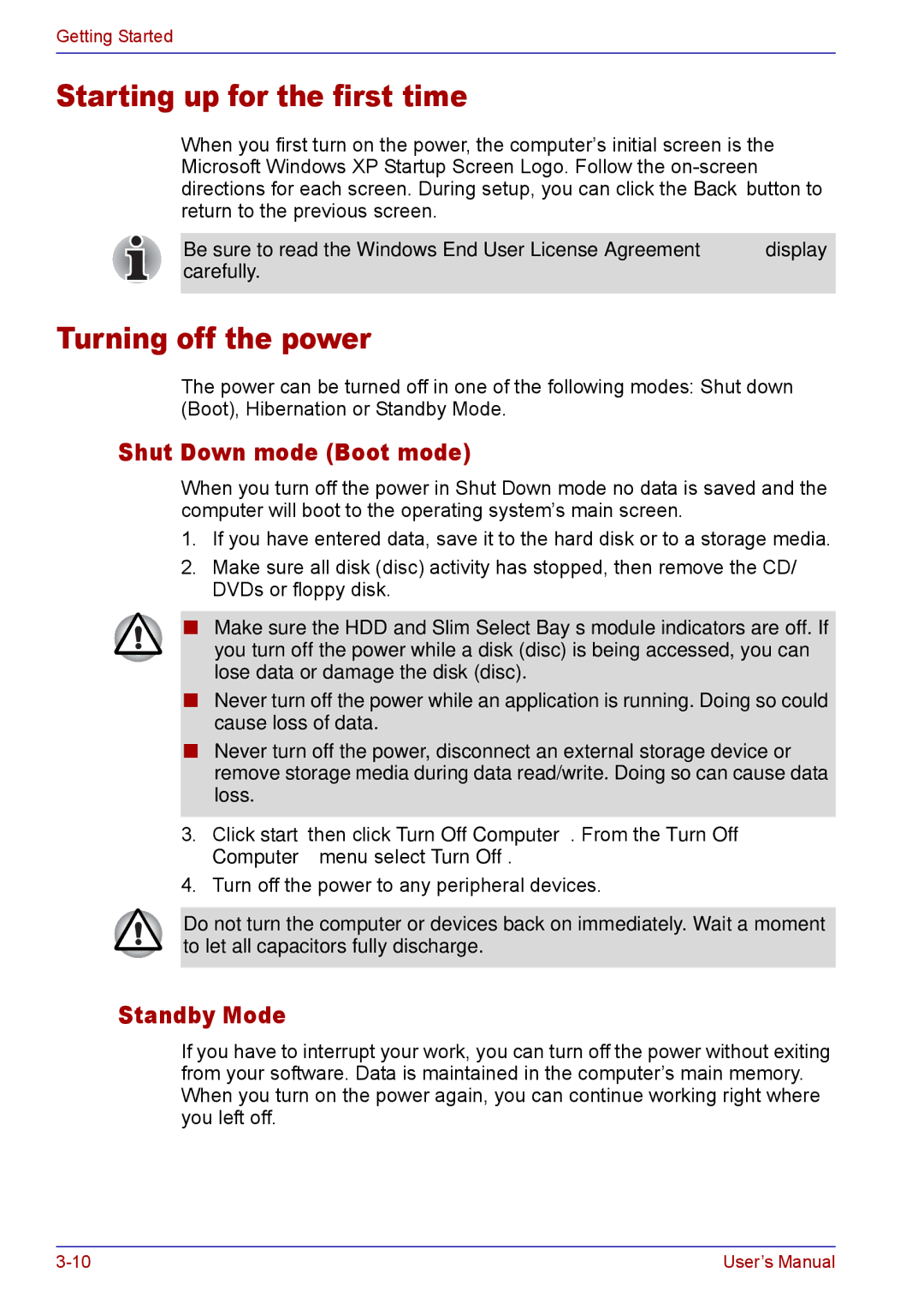 Toshiba TECRA M5 user manual Starting up for the first time, Turning off the power, Shut Down mode Boot mode, Standby Mode 