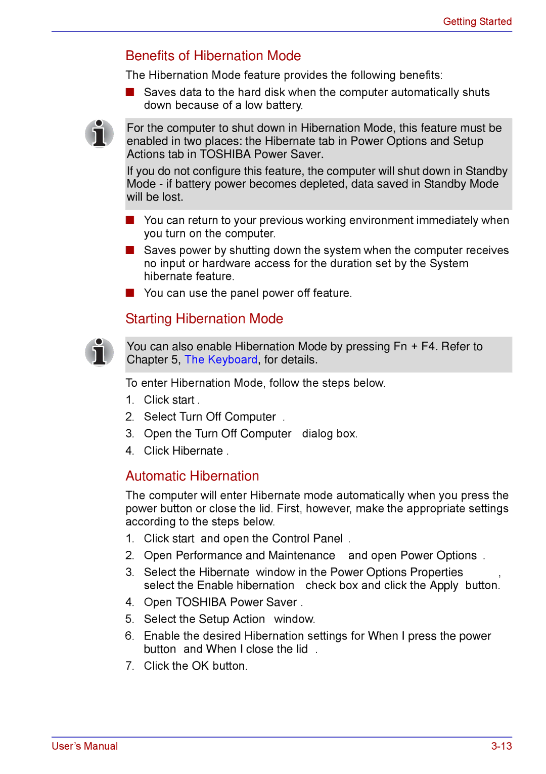 Toshiba TECRA M5 user manual Benefits of Hibernation Mode, Starting Hibernation Mode, Automatic Hibernation 