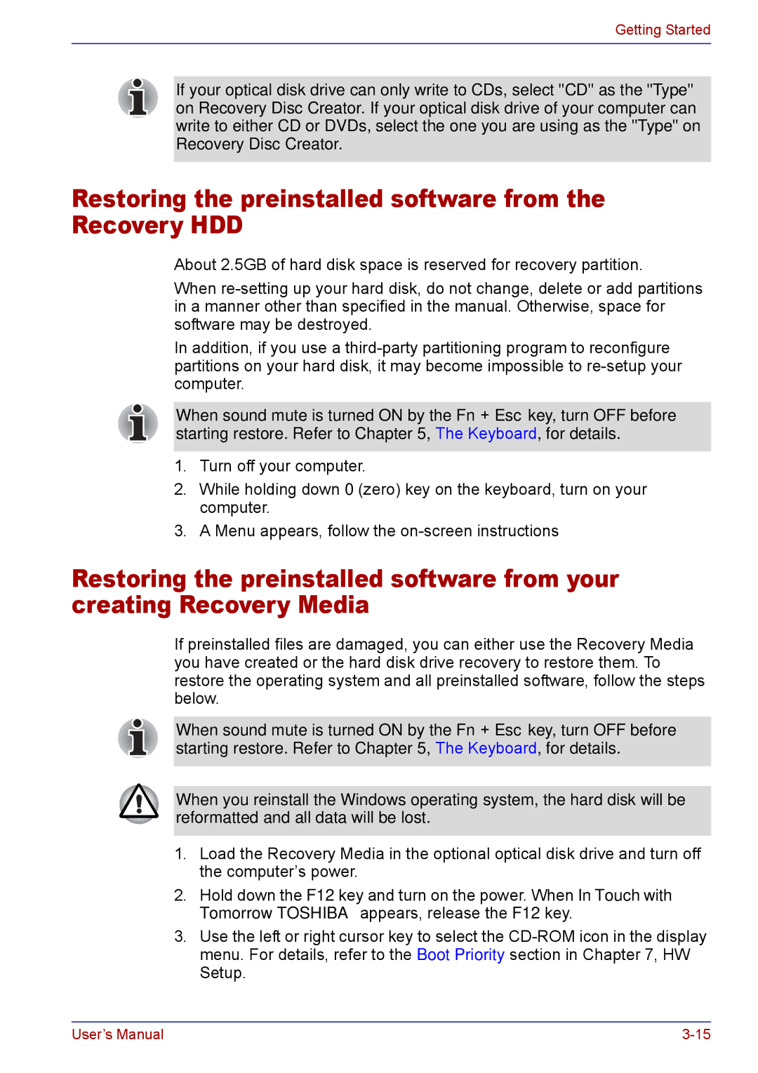 Toshiba TECRA M5 user manual Restoring the preinstalled software from the Recovery HDD 