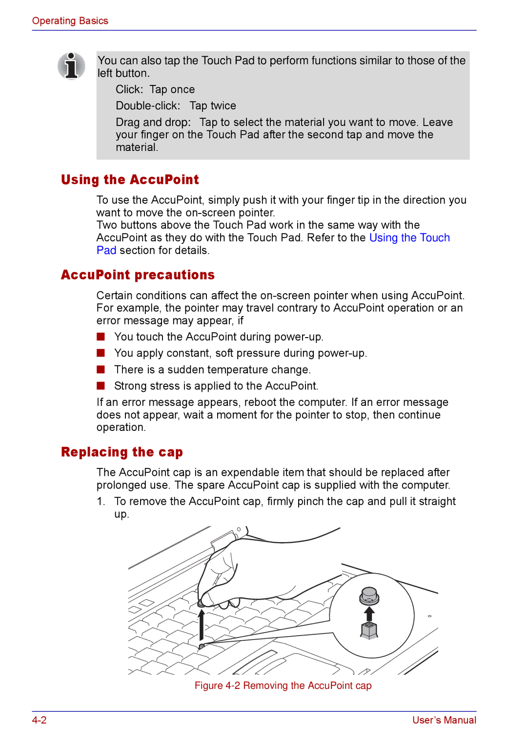 Toshiba TECRA M5 user manual Using the AccuPoint, AccuPoint precautions, Replacing the cap, Double-click Tap twice 