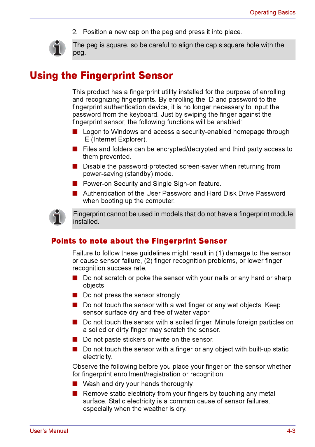 Toshiba TECRA M5 user manual Using the Fingerprint Sensor 