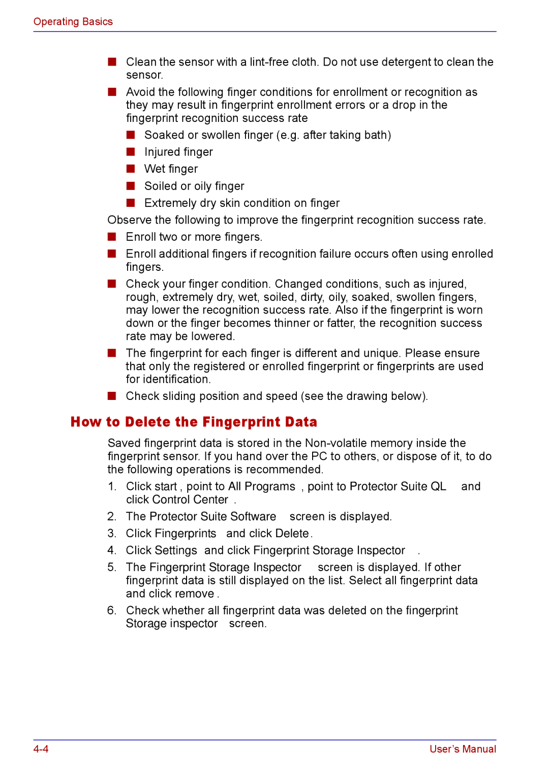 Toshiba TECRA M5 user manual How to Delete the Fingerprint Data 