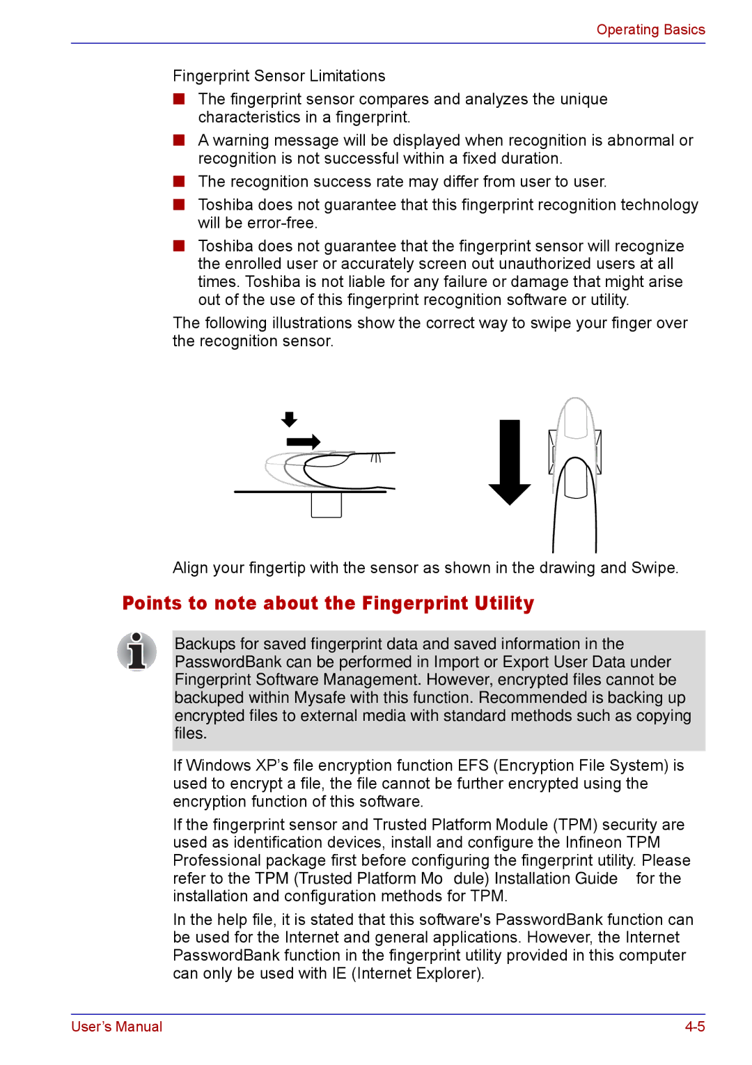 Toshiba TECRA M5 user manual Points to note about the Fingerprint Utility 