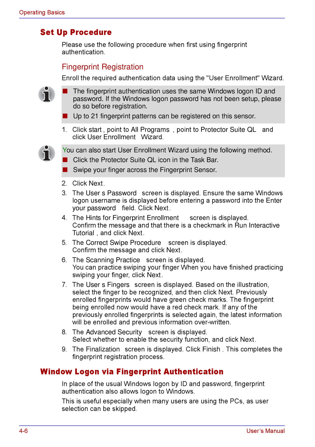 Toshiba TECRA M5 user manual Set Up Procedure, Window Logon via Fingerprint Authentication, Fingerprint Registration 