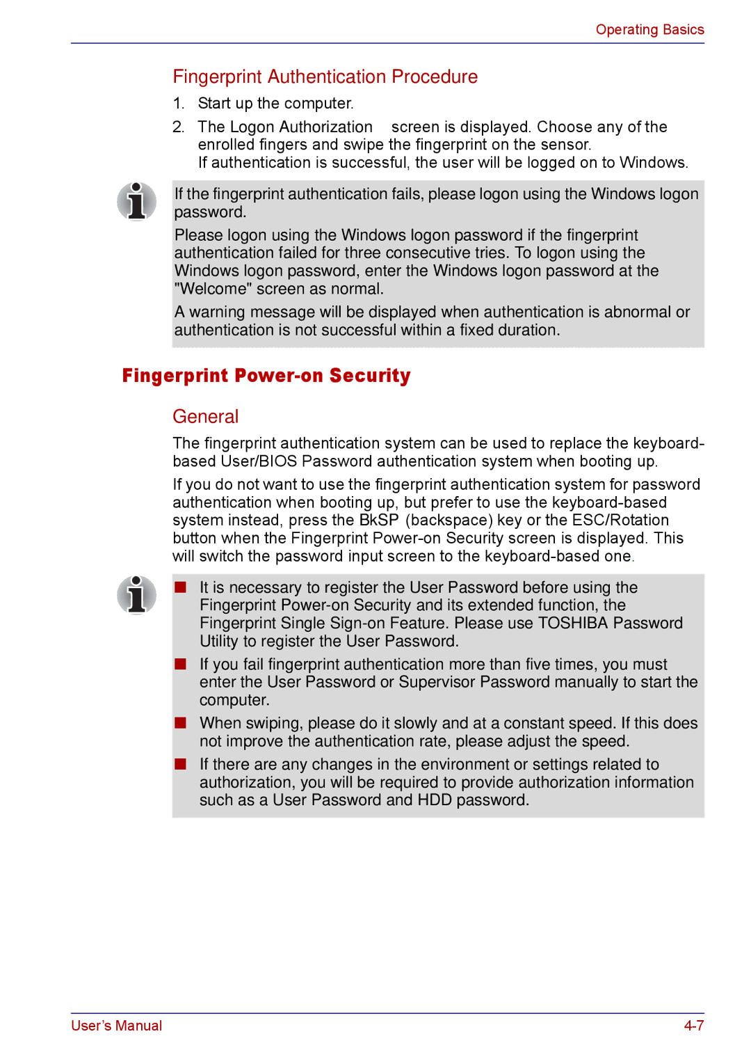 Toshiba TECRA M5 user manual Fingerprint Authentication Procedure, General 