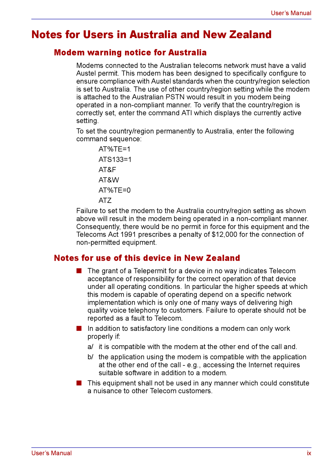 Toshiba TECRA M5 user manual Modem warning notice for Australia, AT&F AT&W AT%TE=0 ATZ 