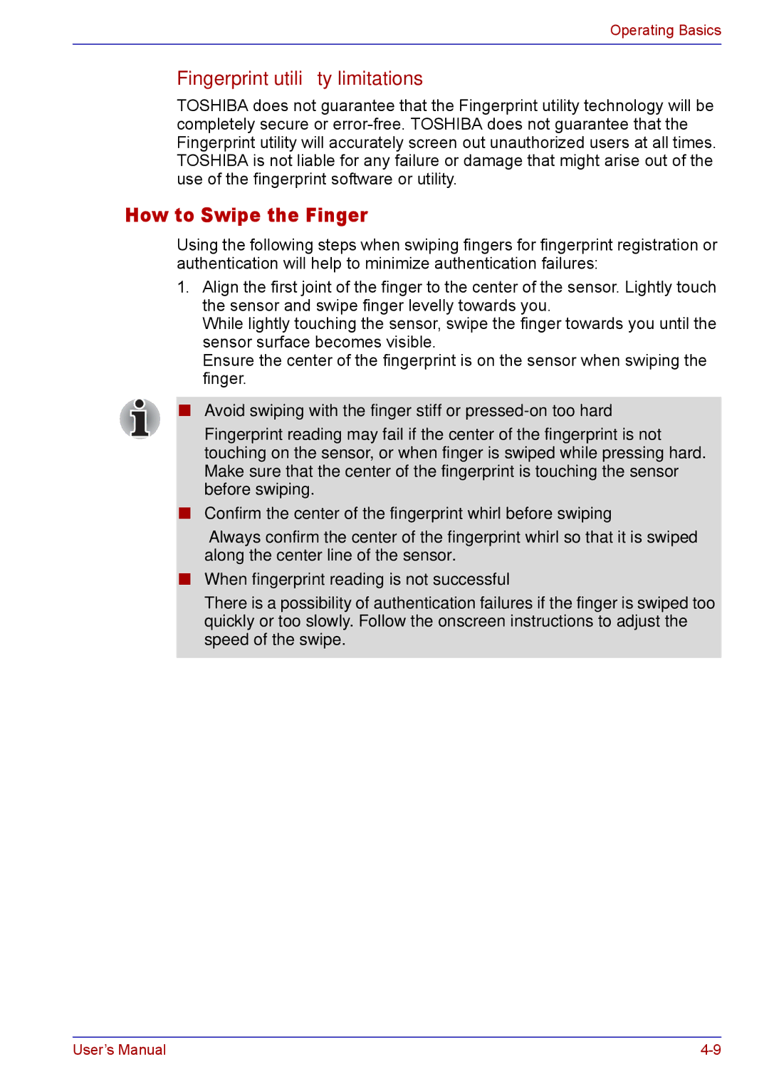 Toshiba TECRA M5 user manual How to Swipe the Finger, Fingerprint utility limitations 