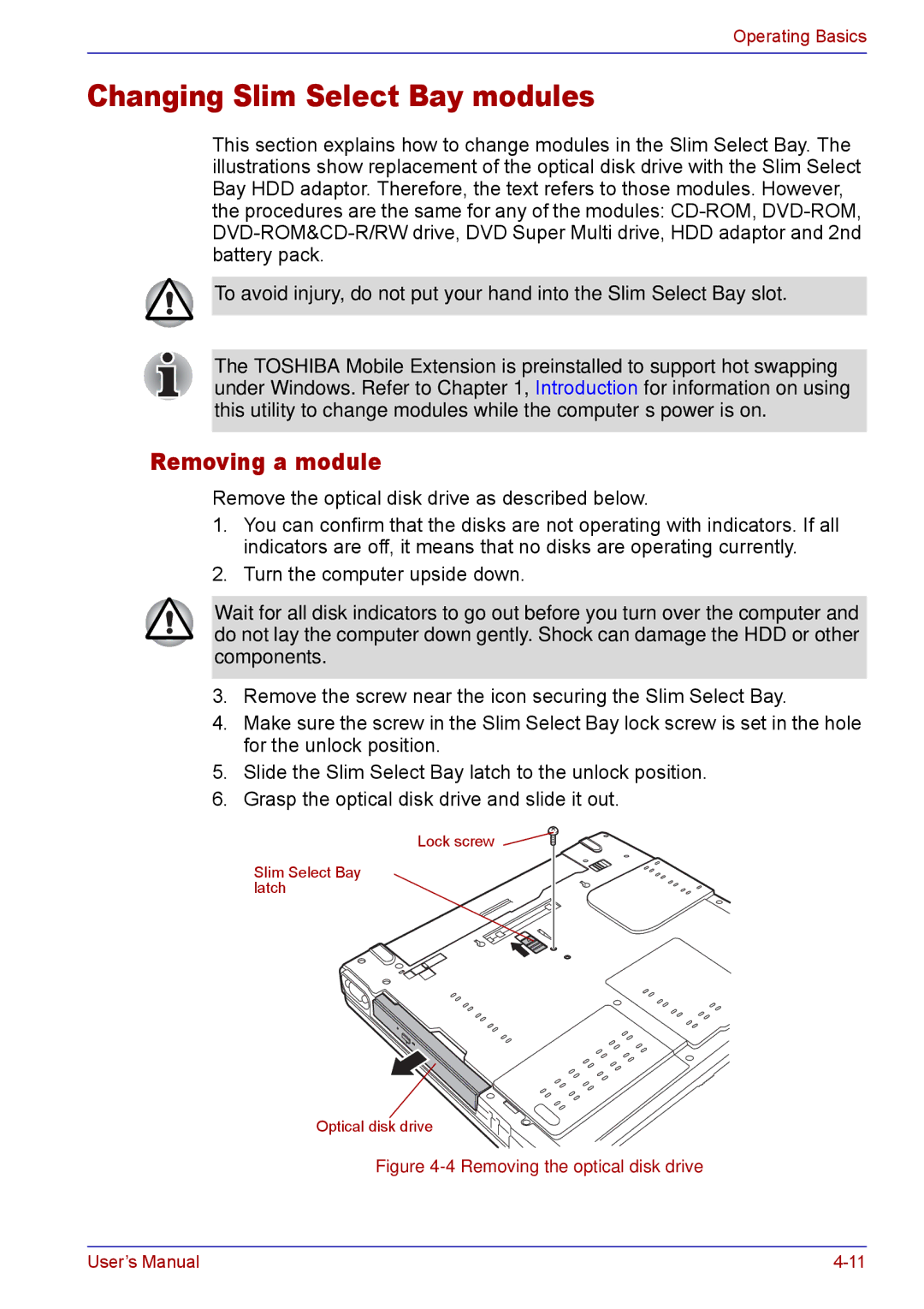 Toshiba TECRA M5 user manual Changing Slim Select Bay modules, Removing a module 