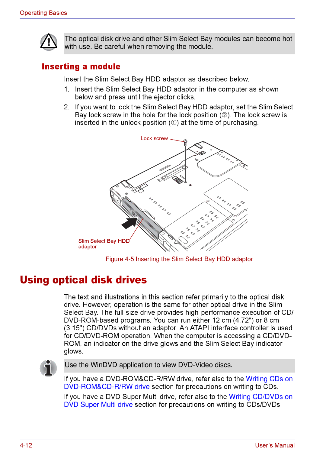 Toshiba TECRA M5 user manual Using optical disk drives 