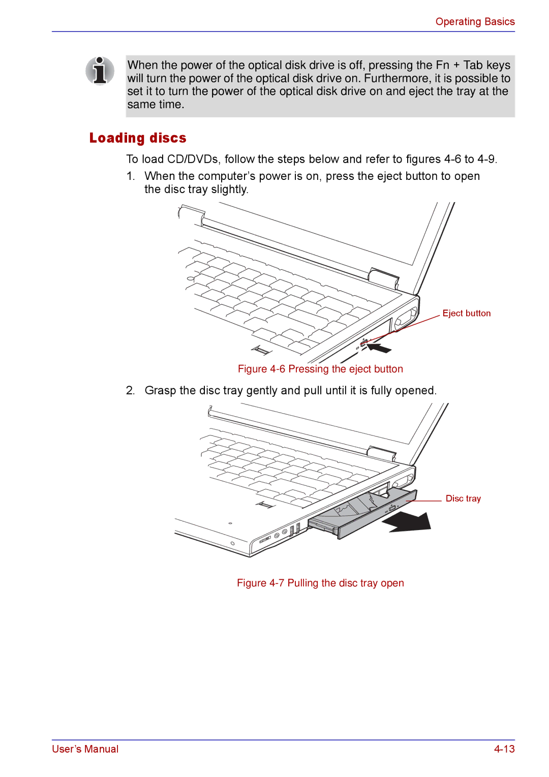 Toshiba TECRA M5 user manual Loading discs, Pressing the eject button 