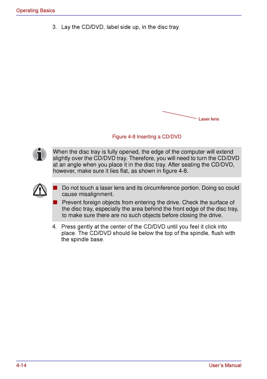 Toshiba TECRA M5 user manual Lay the CD/DVD, label side up, in the disc tray 