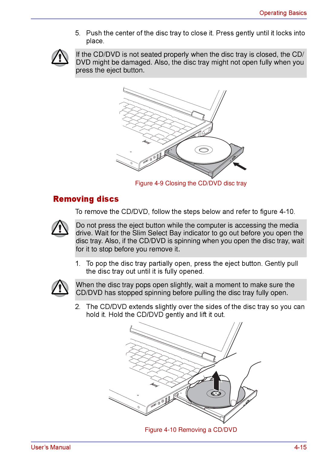 Toshiba TECRA M5 user manual Removing discs, Closing the CD/DVD disc tray 