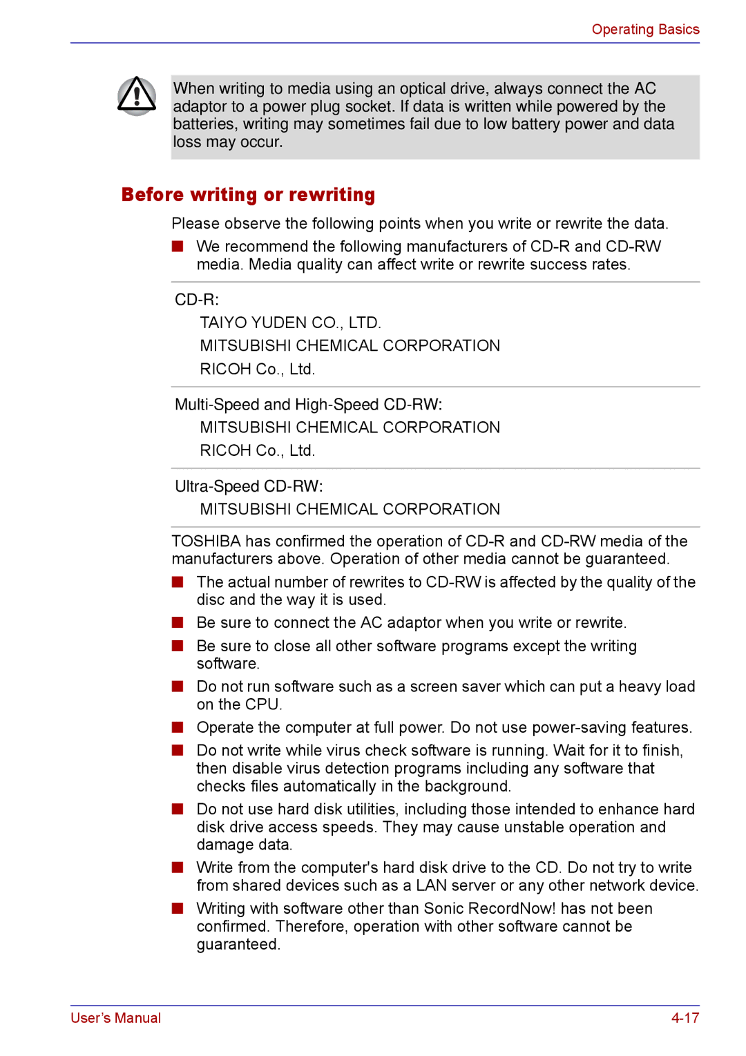 Toshiba TECRA M5 user manual Before writing or rewriting, Multi-Speed and High-Speed CD-RW, Ultra-Speed CD-RW 