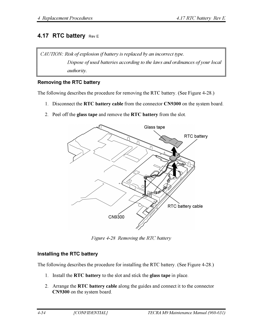 Toshiba TECRA M9 manual RTC battery Rev E, Removing the RTC battery, Installing the RTC battery 