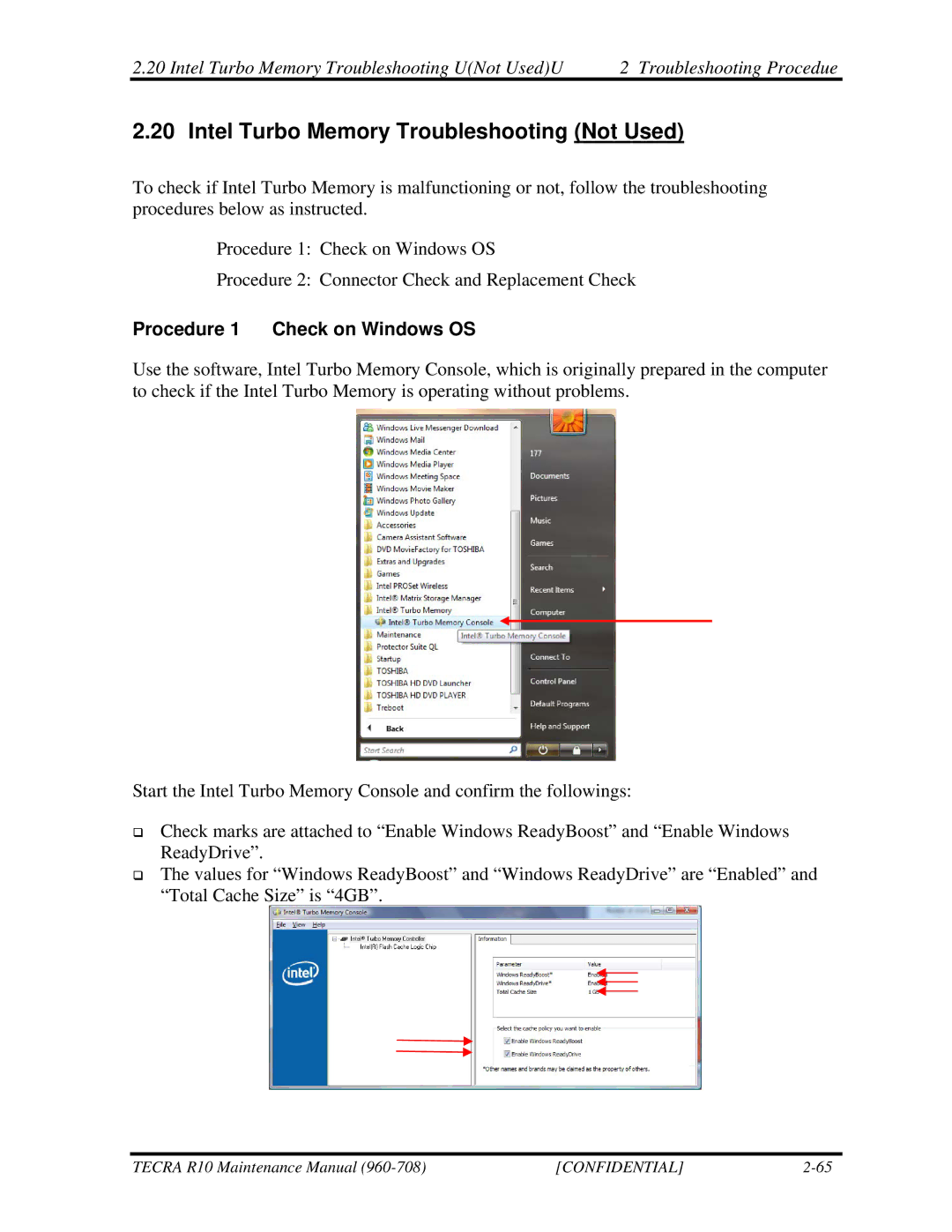 Toshiba TECRA R10 manual Intel Turbo Memory Troubleshooting Not Used 