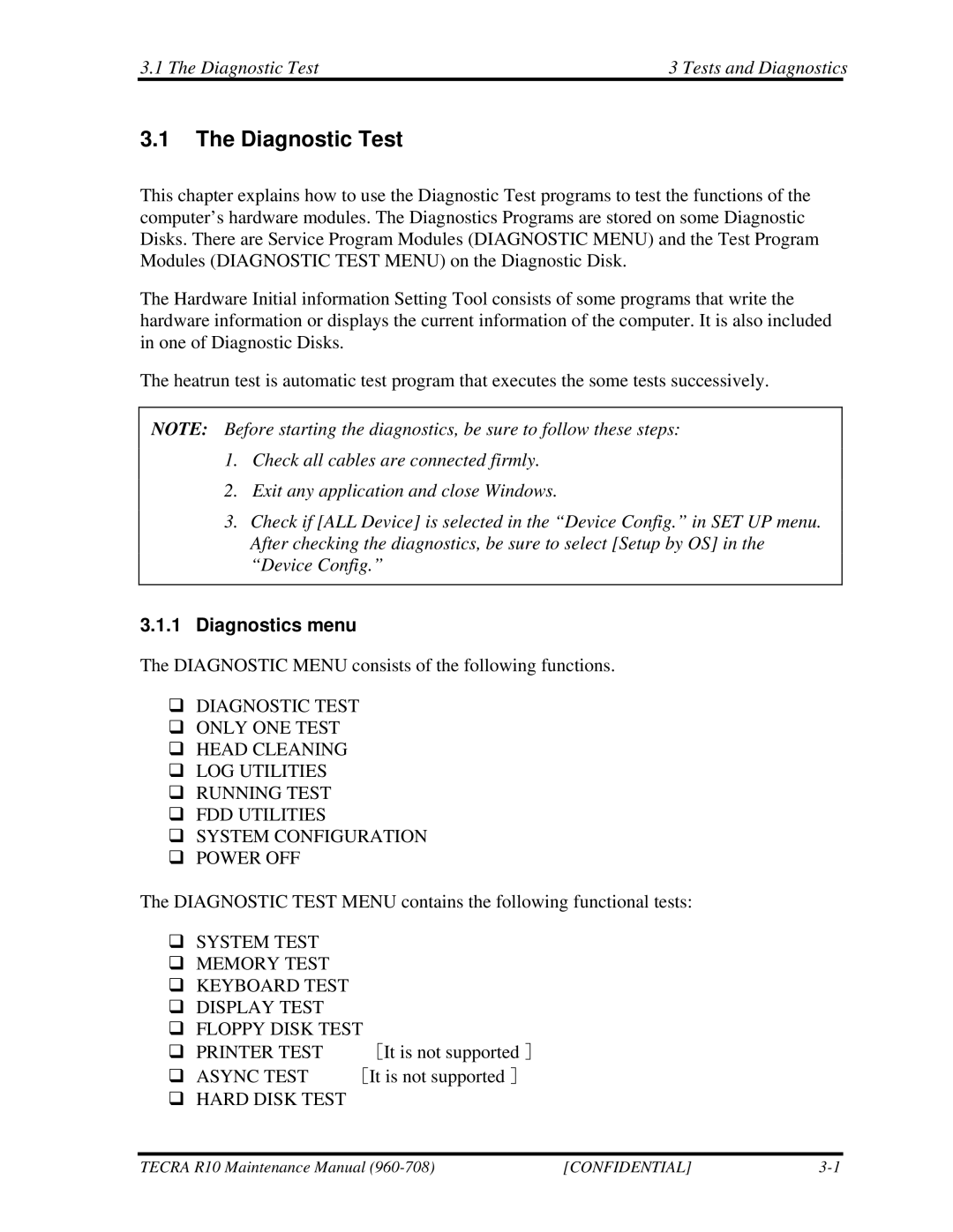 Toshiba TECRA R10 manual Diagnostic Test Tests and Diagnostics, Diagnostics menu 