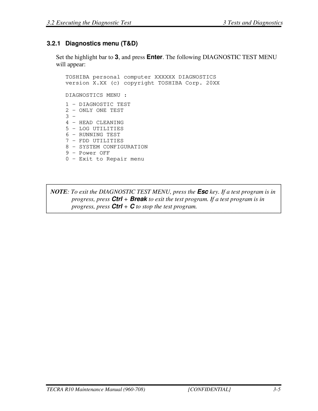 Toshiba TECRA R10 manual Executing the Diagnostic Test Tests and Diagnostics, Diagnostics menu T&D 