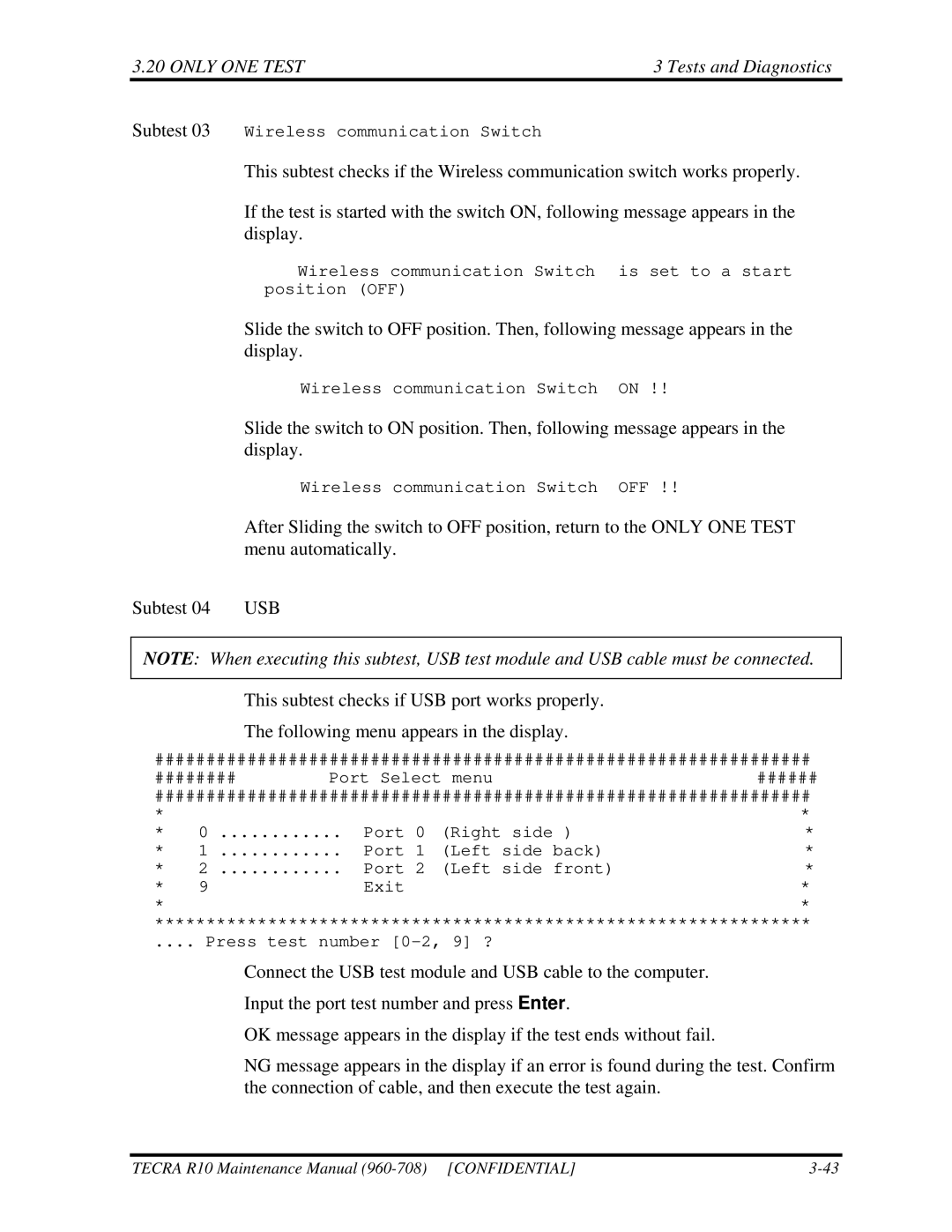 Toshiba TECRA R10 manual Subtest 03 Wireless communication Switch 