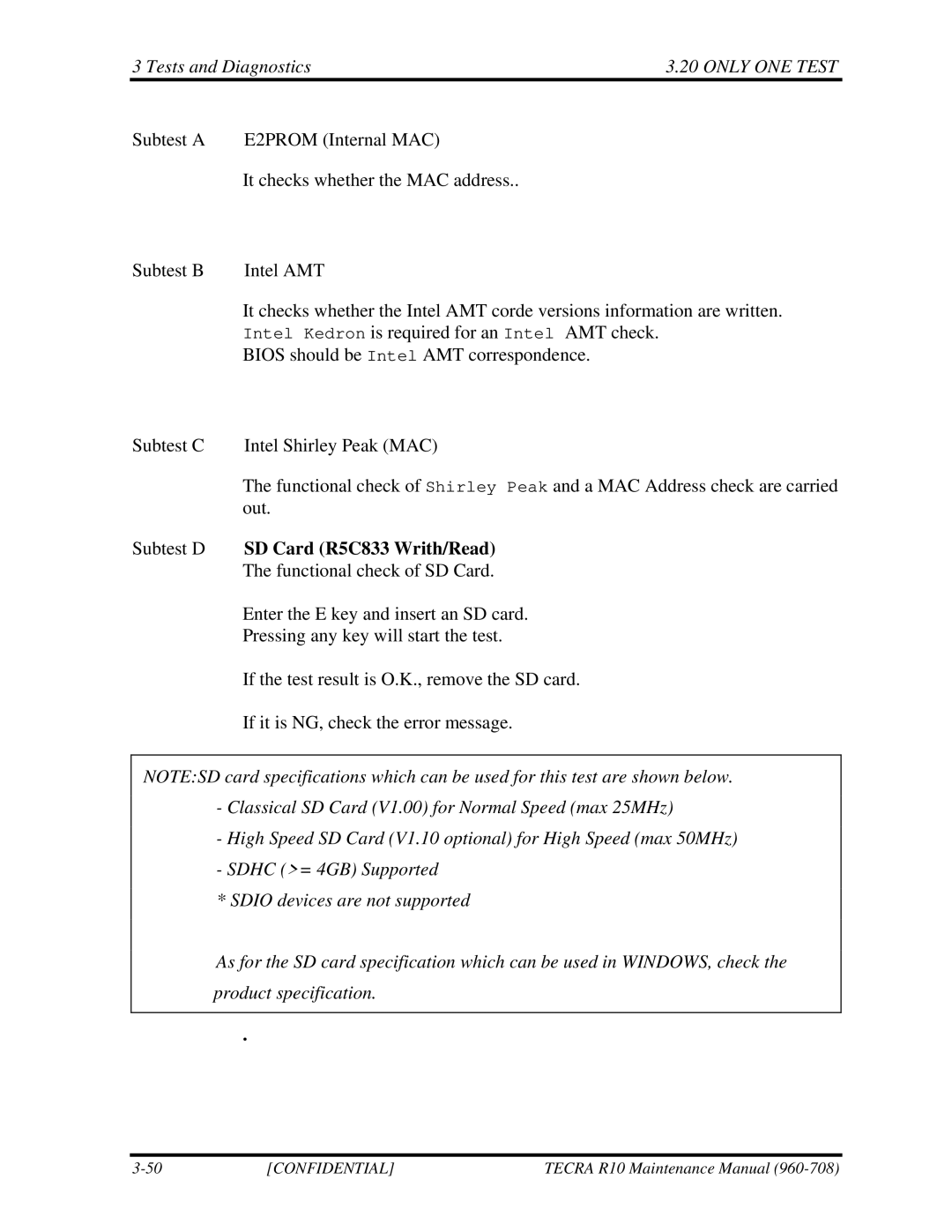 Toshiba TECRA R10 manual Subtest D SD Card R5C833 Writh/Read 