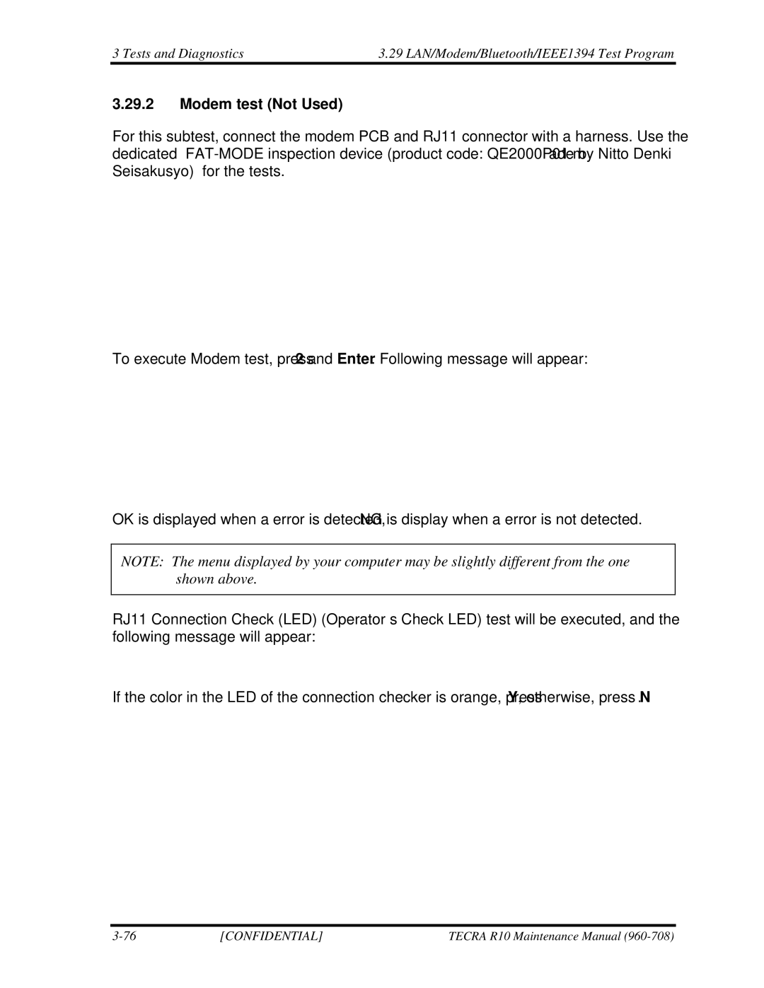 Toshiba TECRA R10 manual Modem test Not Used, Modem loopback test 