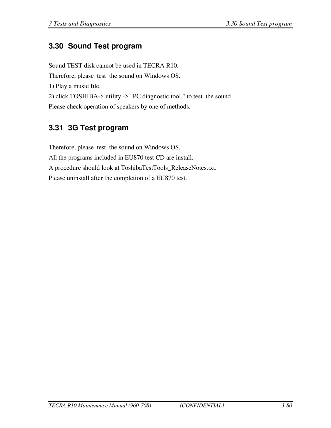 Toshiba TECRA R10 manual 31 3G Test program, Tests and Diagnostics Sound Test program 