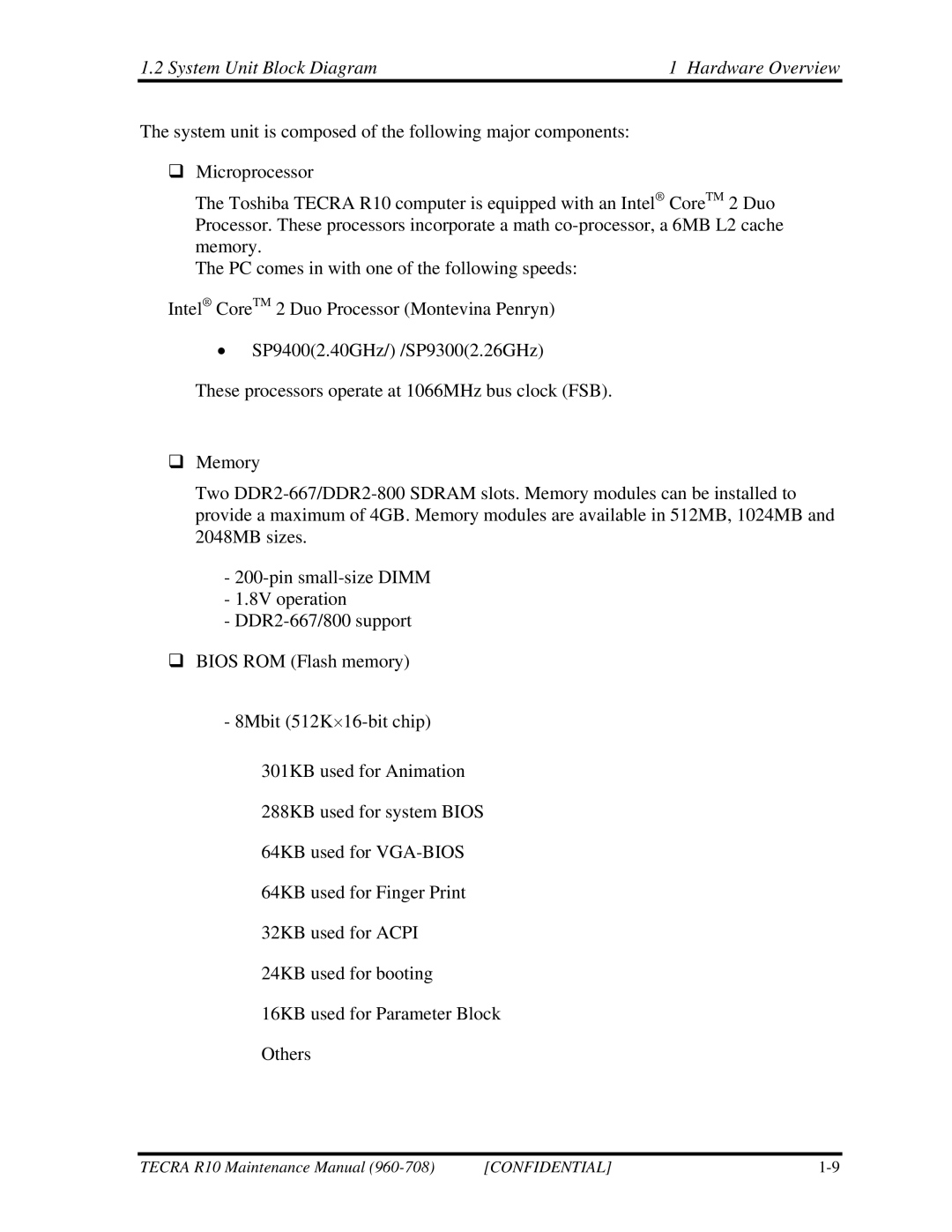 Toshiba TECRA R10 manual System Unit Block Diagram Hardware Overview 