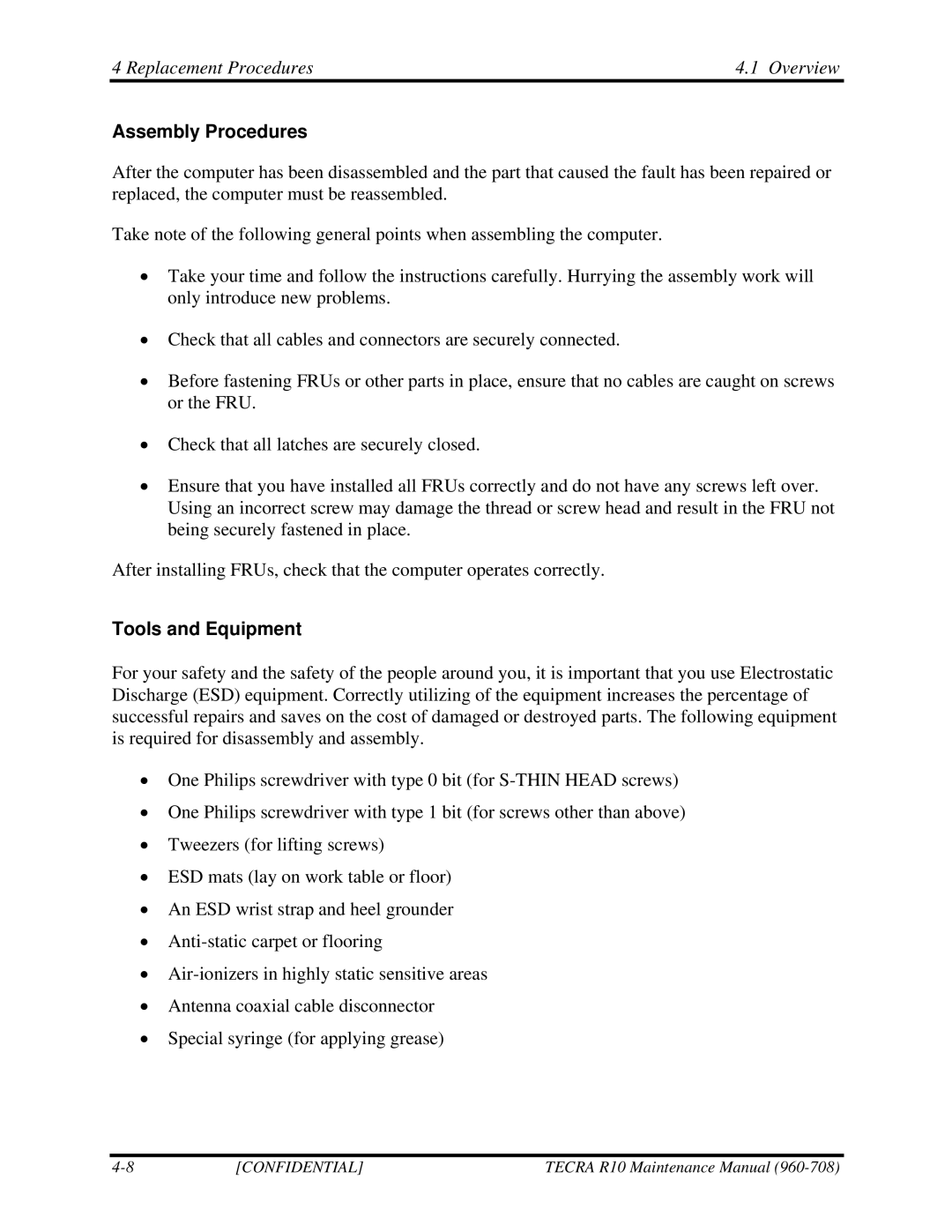 Toshiba TECRA R10 manual Assembly Procedures, Tools and Equipment 