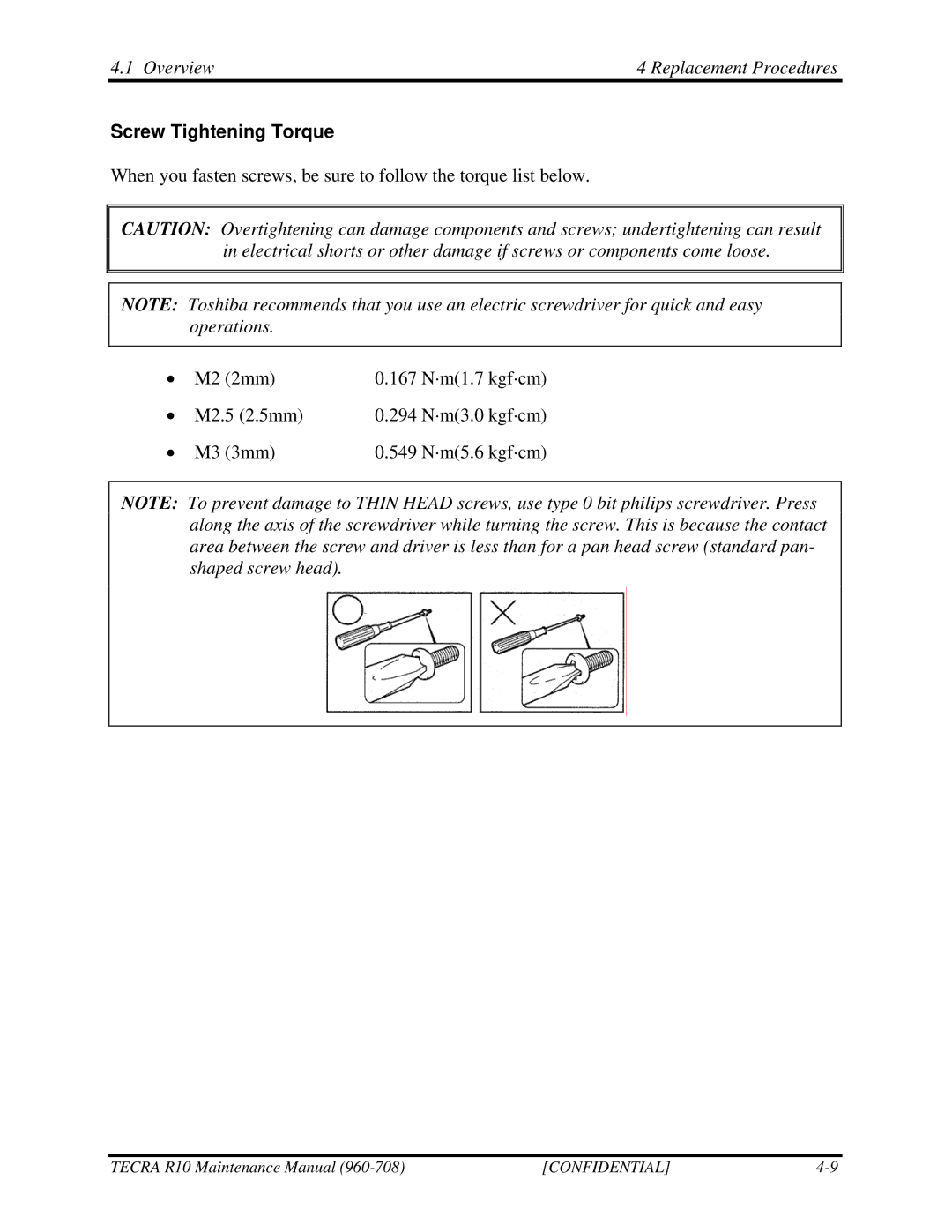 Toshiba TECRA R10 manual Screw Tightening Torque 