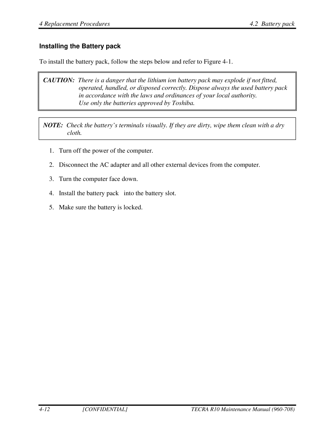 Toshiba TECRA R10 manual Replacement Procedures Battery pack, Installing the Battery pack 
