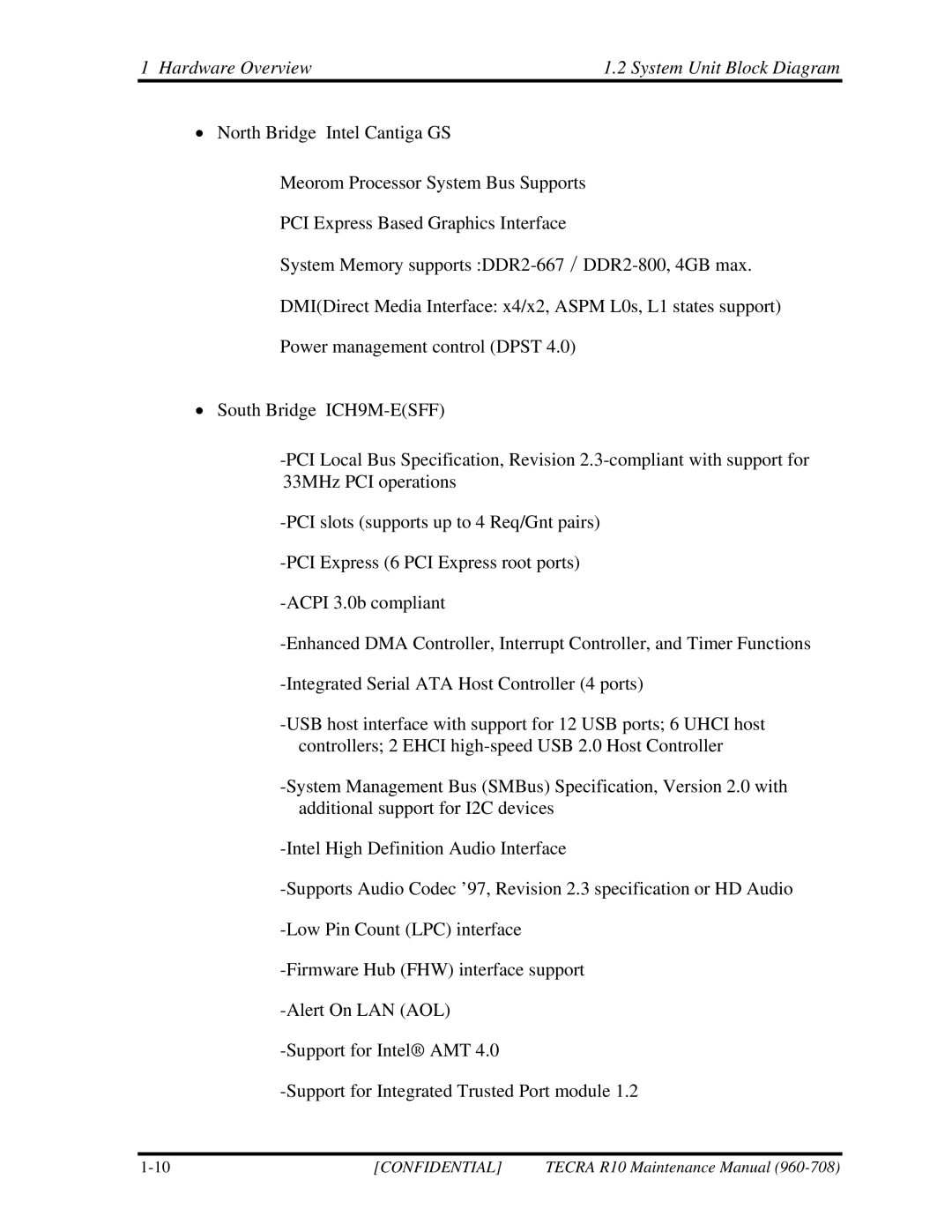 Toshiba TECRA R10 manual Hardware Overview System Unit Block Diagram 