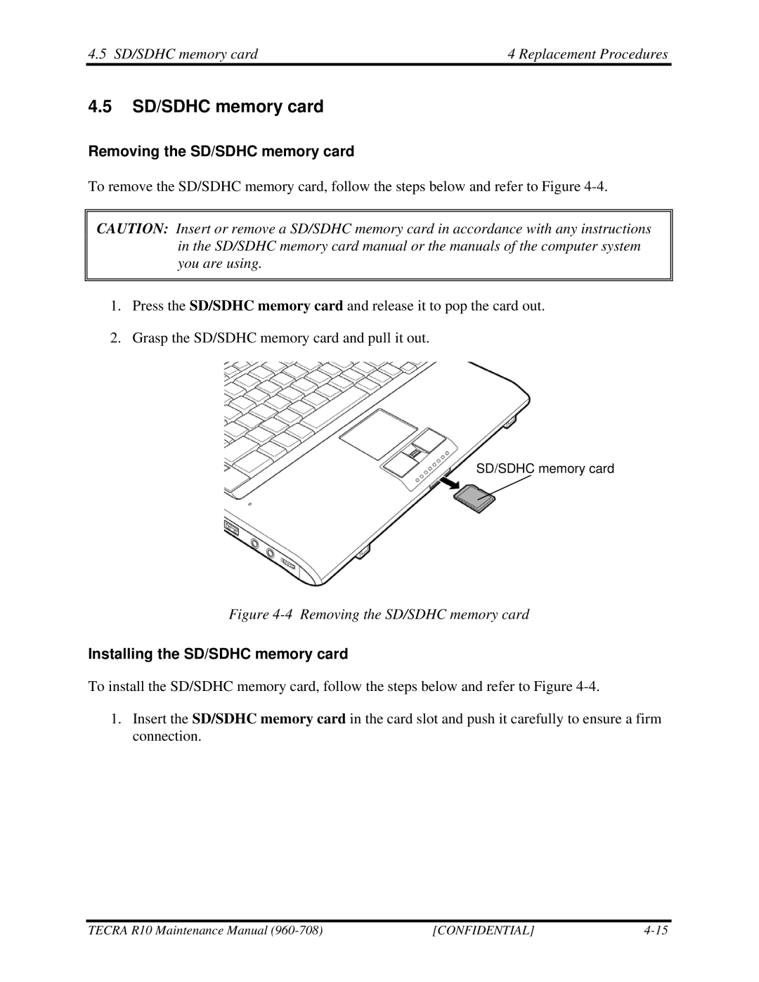Toshiba TECRA R10 manual SD/SDHC memory card Replacement Procedures, Removing the SD/SDHC memory card 