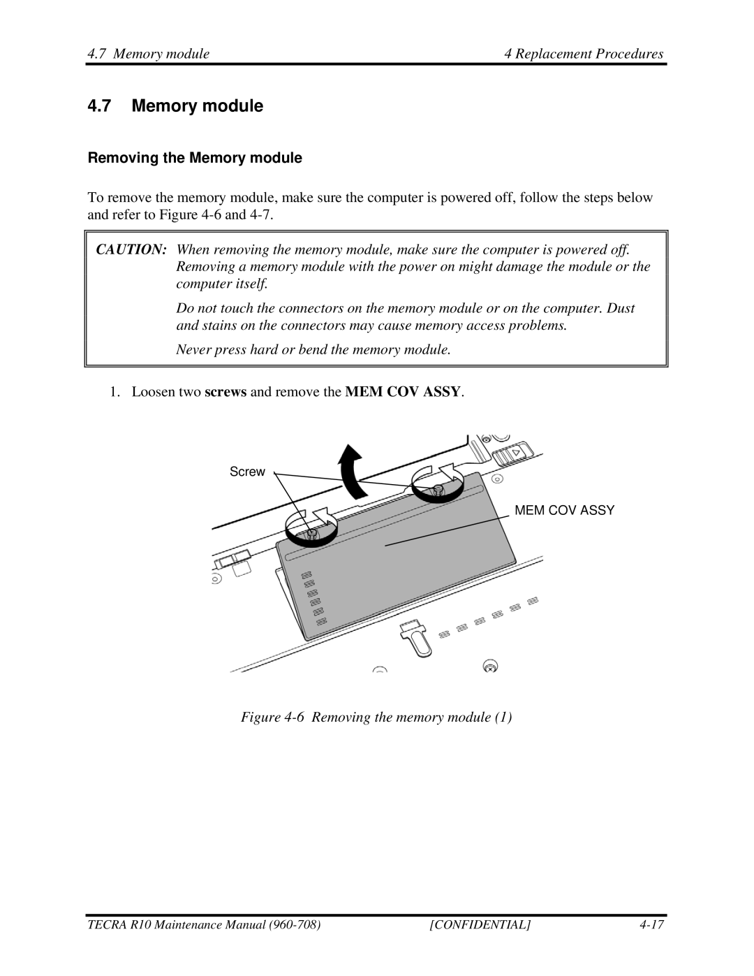 Toshiba TECRA R10 manual Memory module Replacement Procedures, Removing the Memory module 