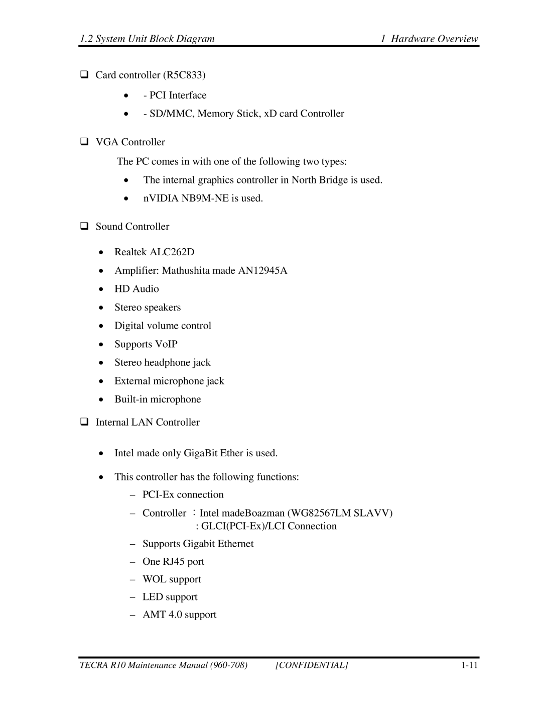 Toshiba TECRA R10 manual System Unit Block Diagram Hardware Overview 