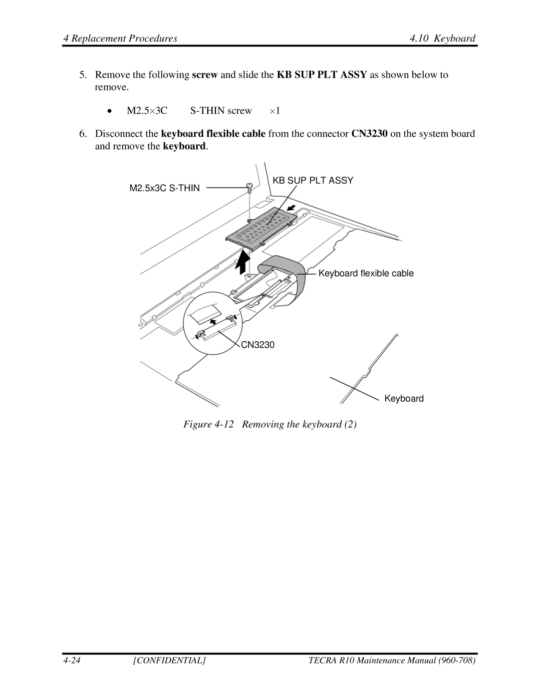 Toshiba TECRA R10 manual Replacement Procedures Keyboard, Removing the keyboard 