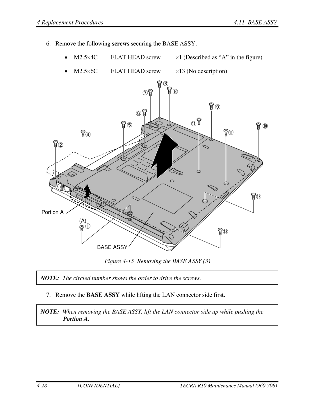 Toshiba TECRA R10 manual Remove the following screws securing the Base Assy, Removing the Base Assy 