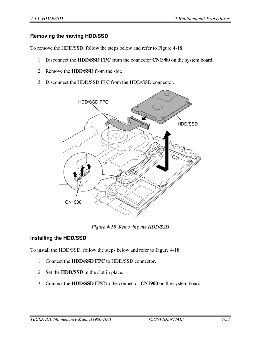 Toshiba TECRA R10 manual 13 HDD/SSD Replacement Procedures, Removing the moving HDD/SSD, Installing the HDD/SSD 