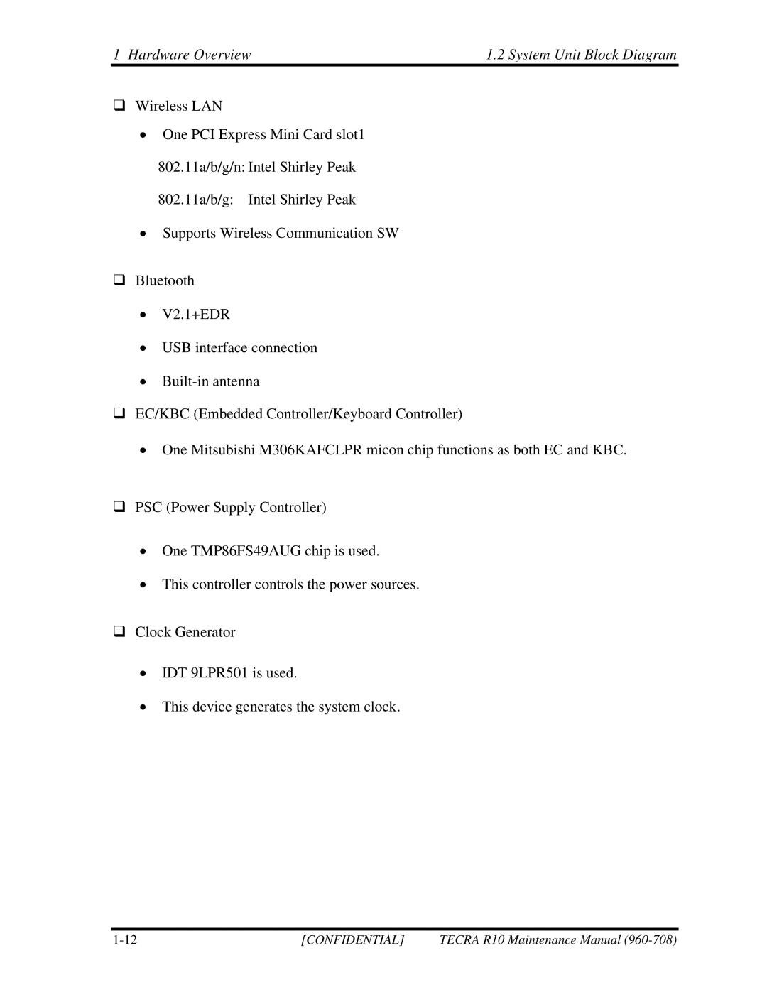 Toshiba TECRA R10 manual Hardware Overview System Unit Block Diagram 