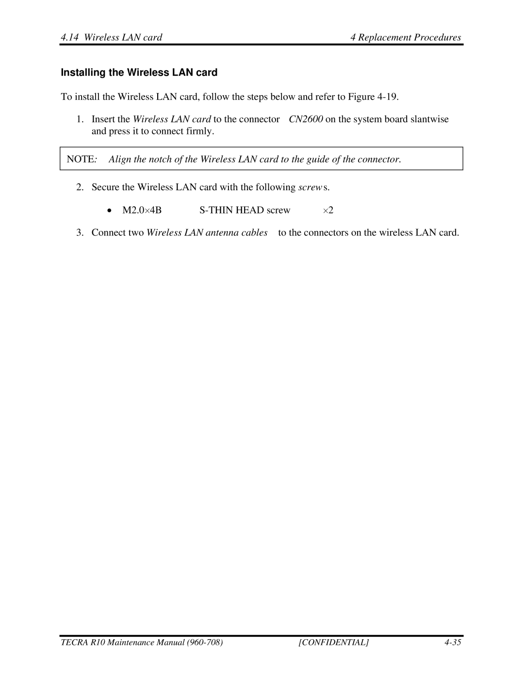 Toshiba TECRA R10 manual Wireless LAN card Replacement Procedures, Installing the Wireless LAN card 