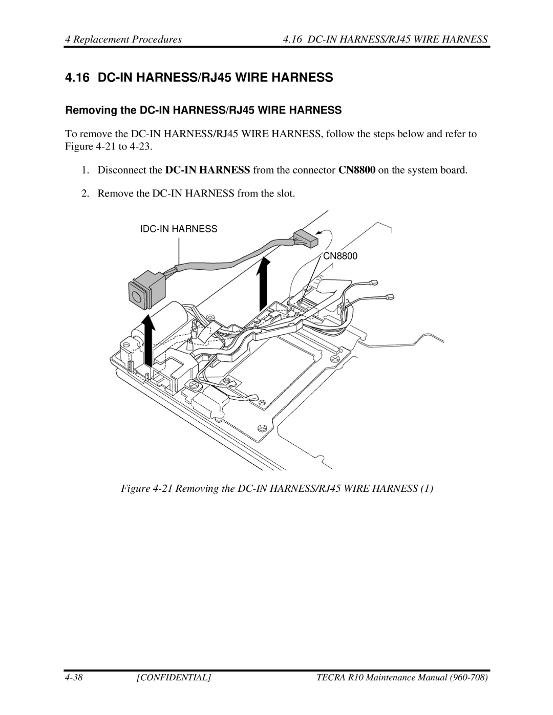 Toshiba TECRA R10 manual Removing the DC-IN HARNESS/RJ45 Wire Harness 