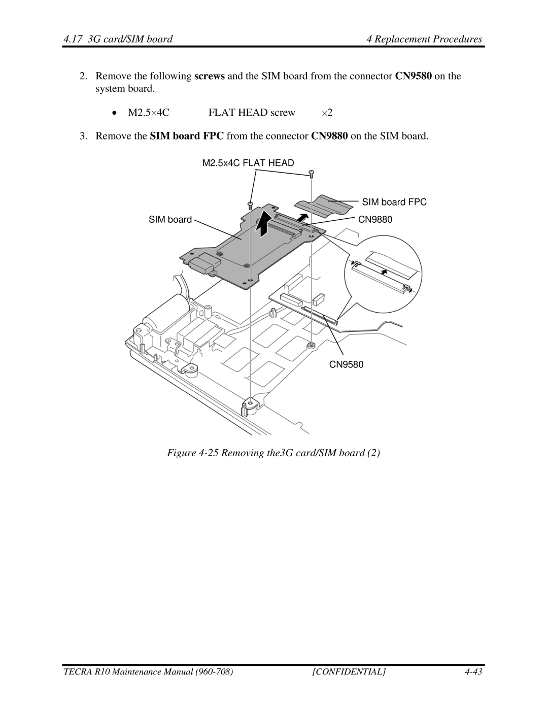 Toshiba TECRA R10 manual 17 3G card/SIM board Replacement Procedures, Removing the3G card/SIM board 