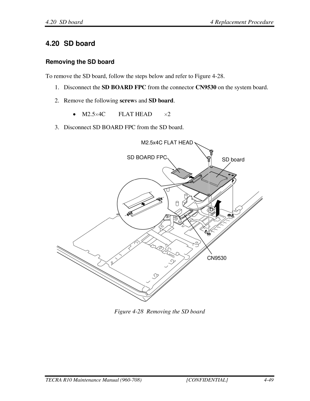 Toshiba TECRA R10 manual SD board Replacement Procedure, Removing the SD board 