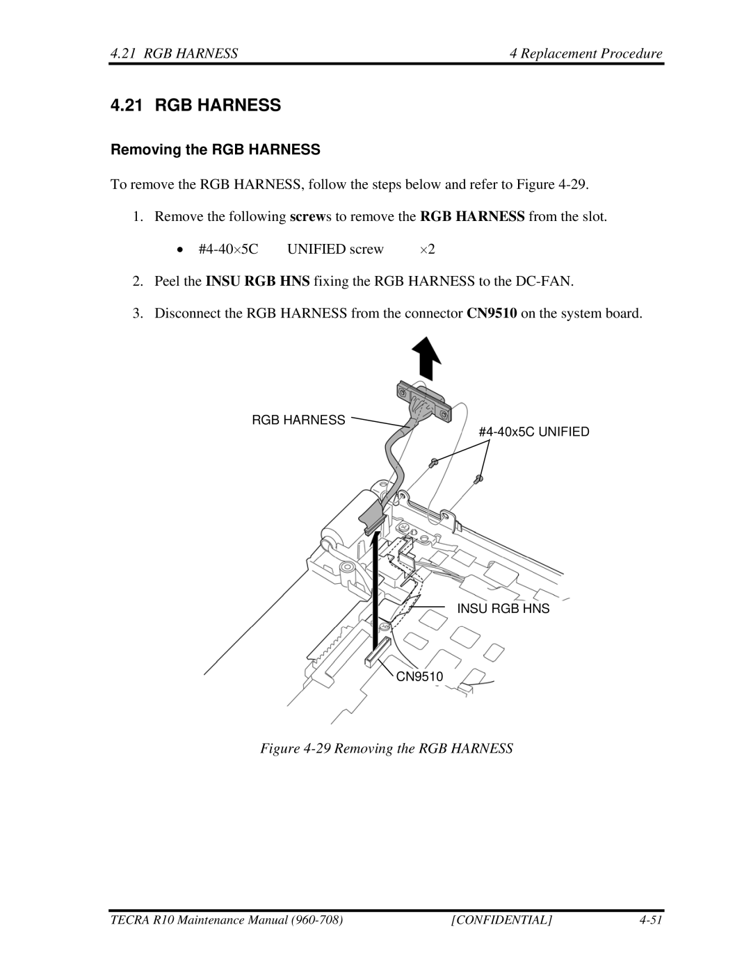 Toshiba TECRA R10 manual RGB HARNESS4 Replacement Procedure, Removing the RGB Harness 